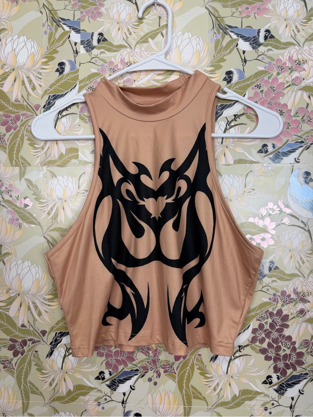 SHEIN Tan Crop Tank with Bold Black Tribal Motif